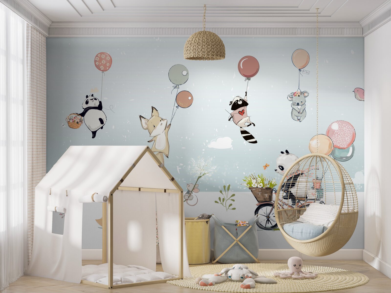 Фотошпалери велосипедна панда та бульбашкові тварини