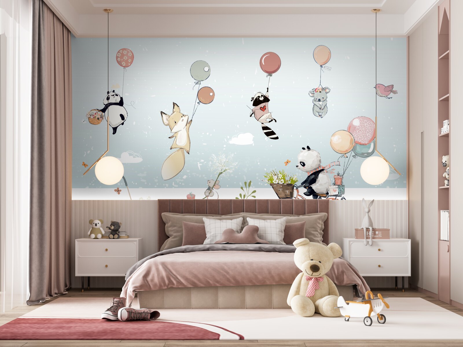 Фотошпалери велосипедна панда та бульбашкові тварини