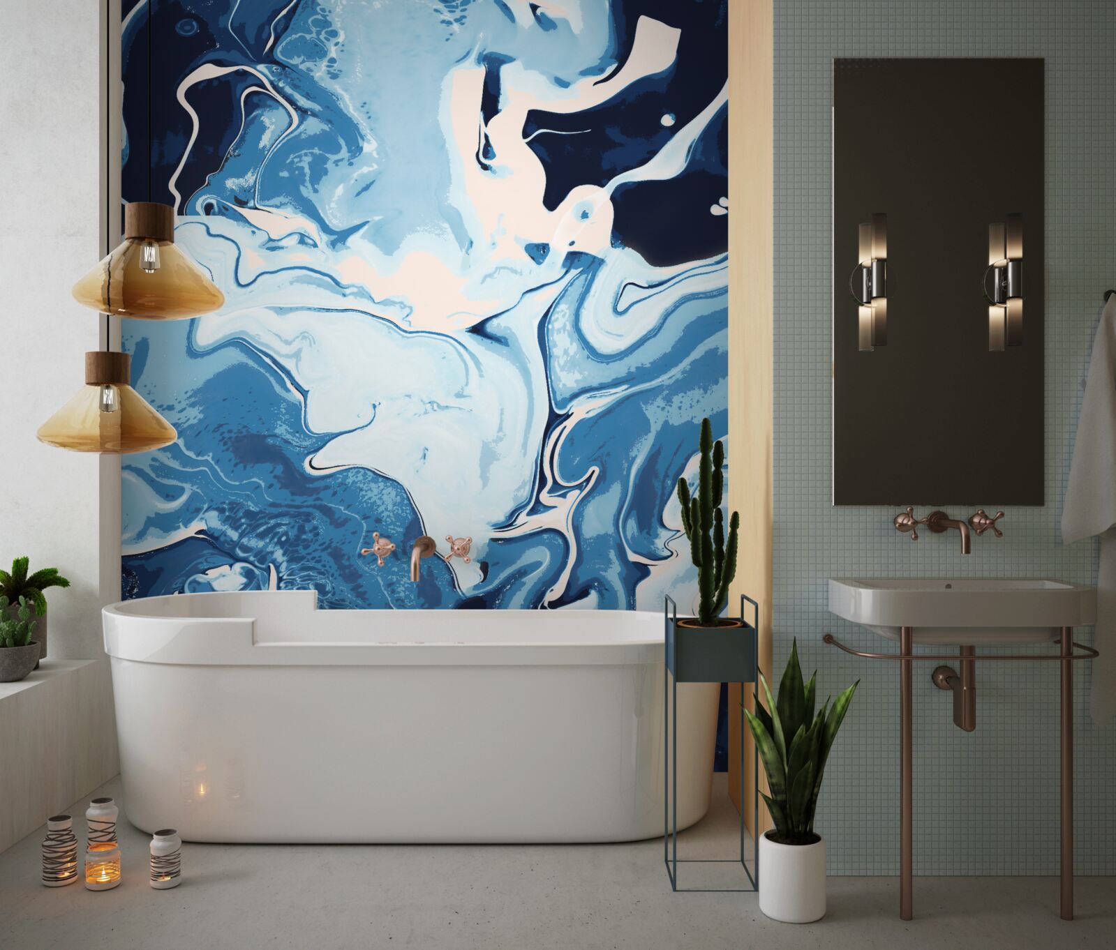 Фотошпалери зображення хвиль у відтінках синього на мармуровому тлі