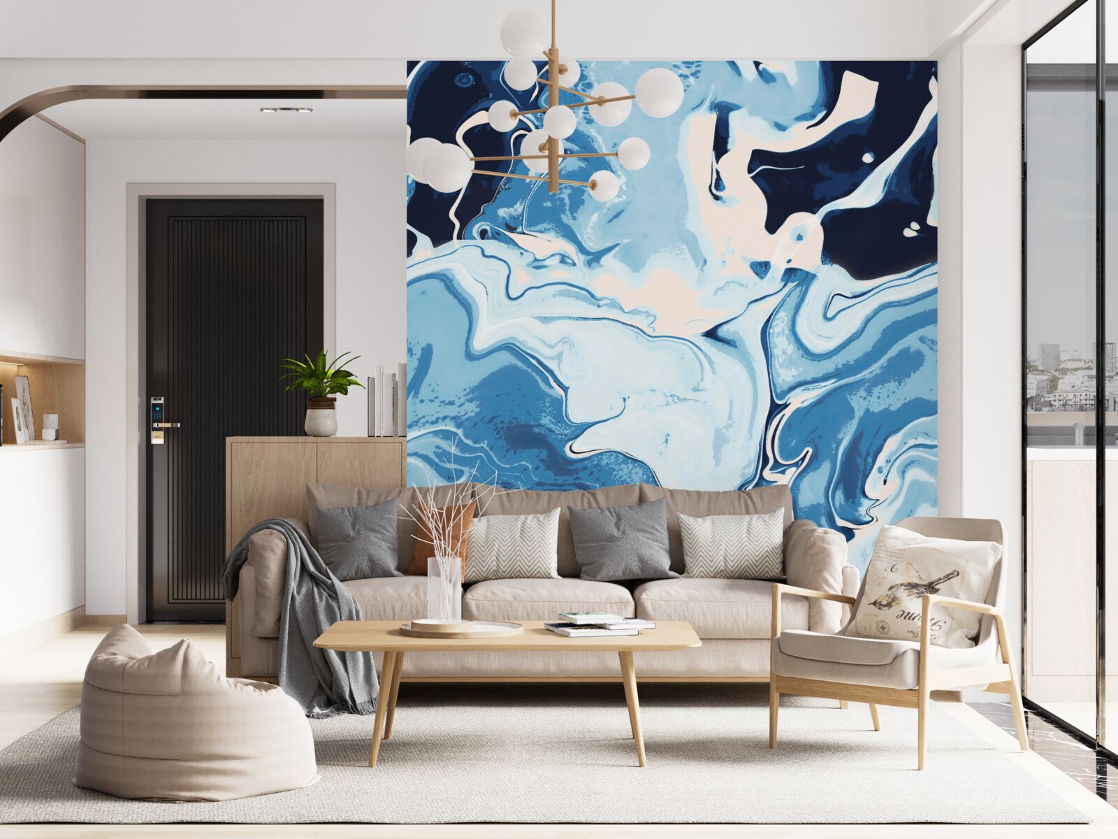 Фотошпалери зображення хвиль у відтінках синього на мармуровому тлі