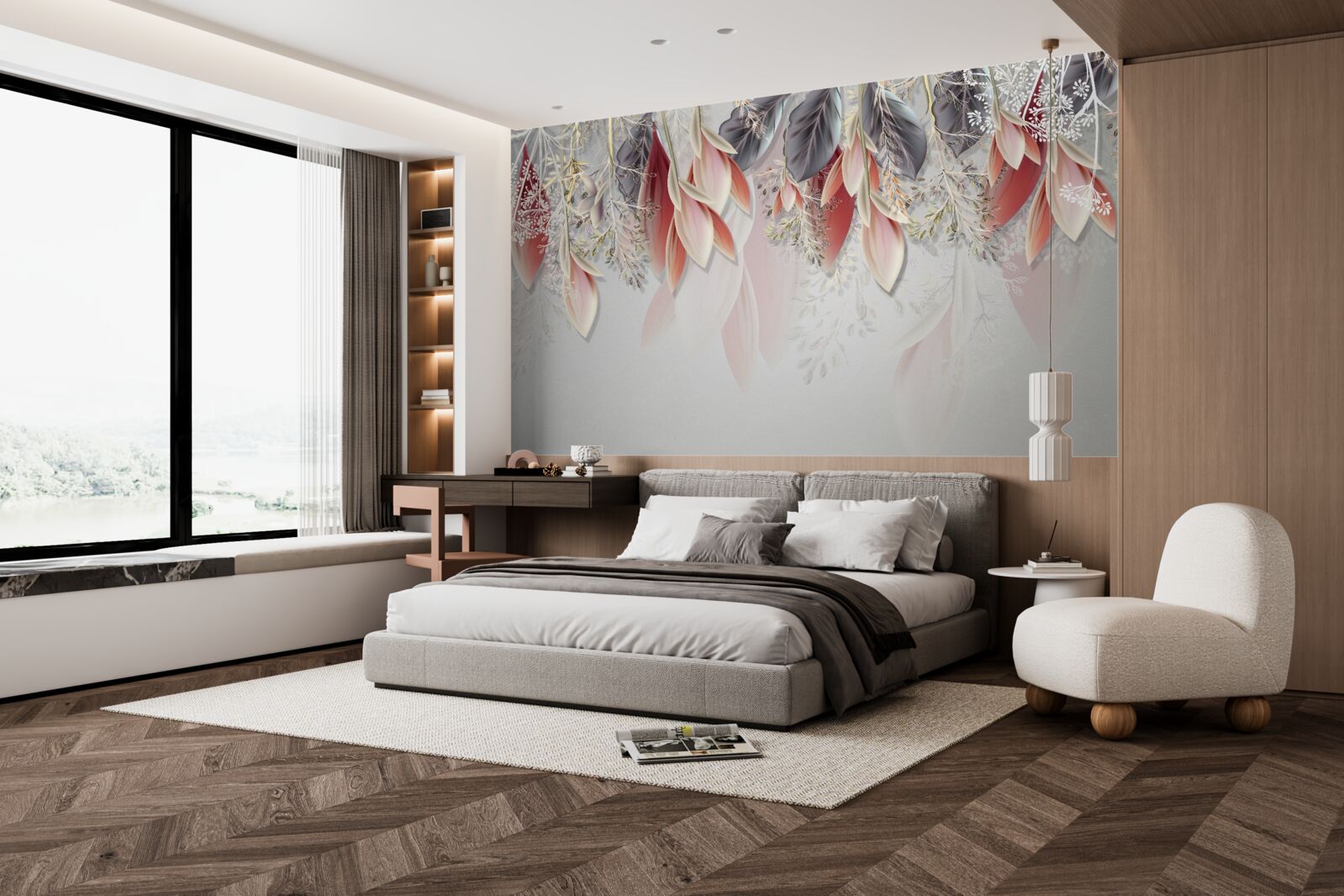 Фотошпалери композиційна лінія рожевого кольору, що спускається донизу