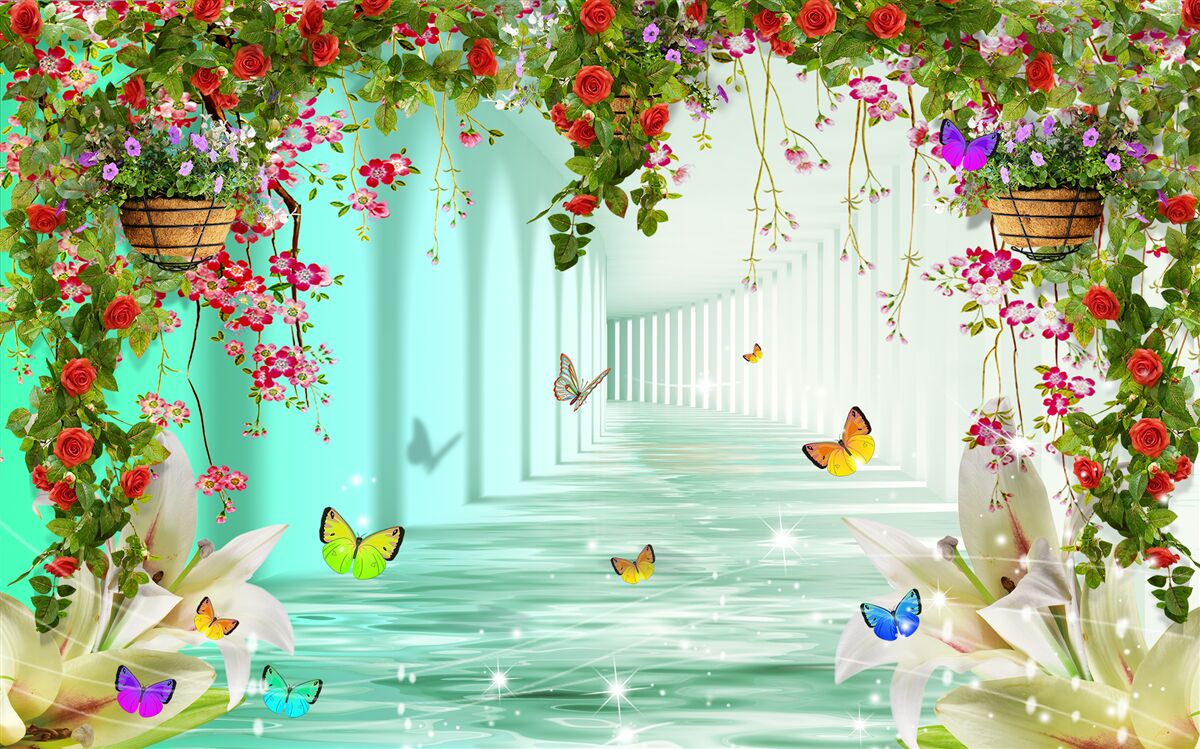 Фотошпалери метелики та весняні квіти в тунелі