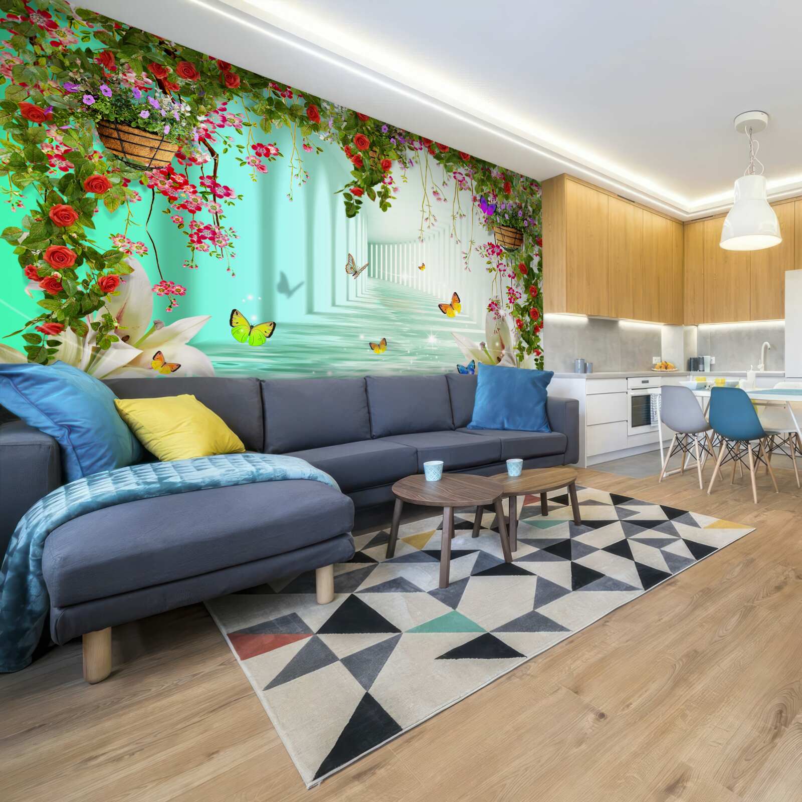 Фотошпалери метелики та весняні квіти в тунелі