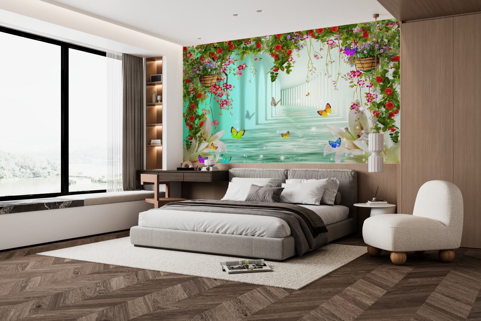 Фотошпалери метелики та весняні квіти в тунелі