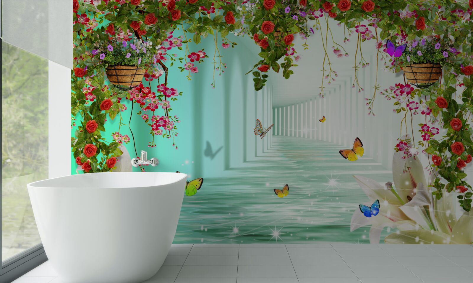 Фотошпалери метелики та весняні квіти в тунелі