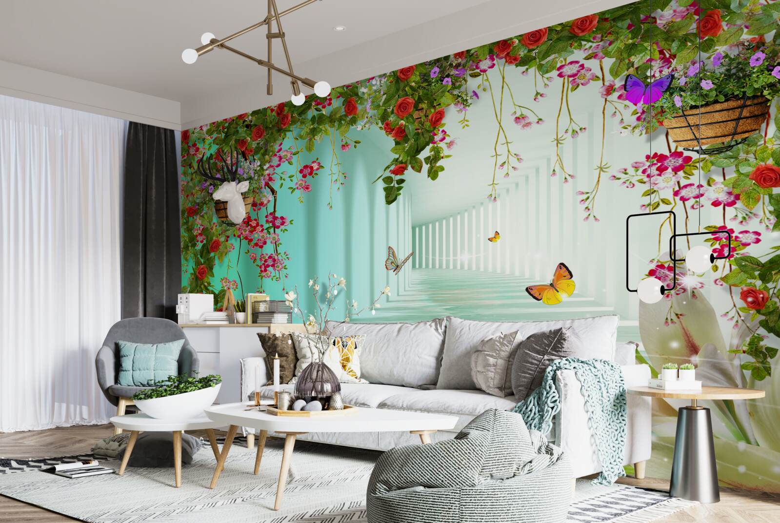 Фотошпалери метелики та весняні квіти в тунелі