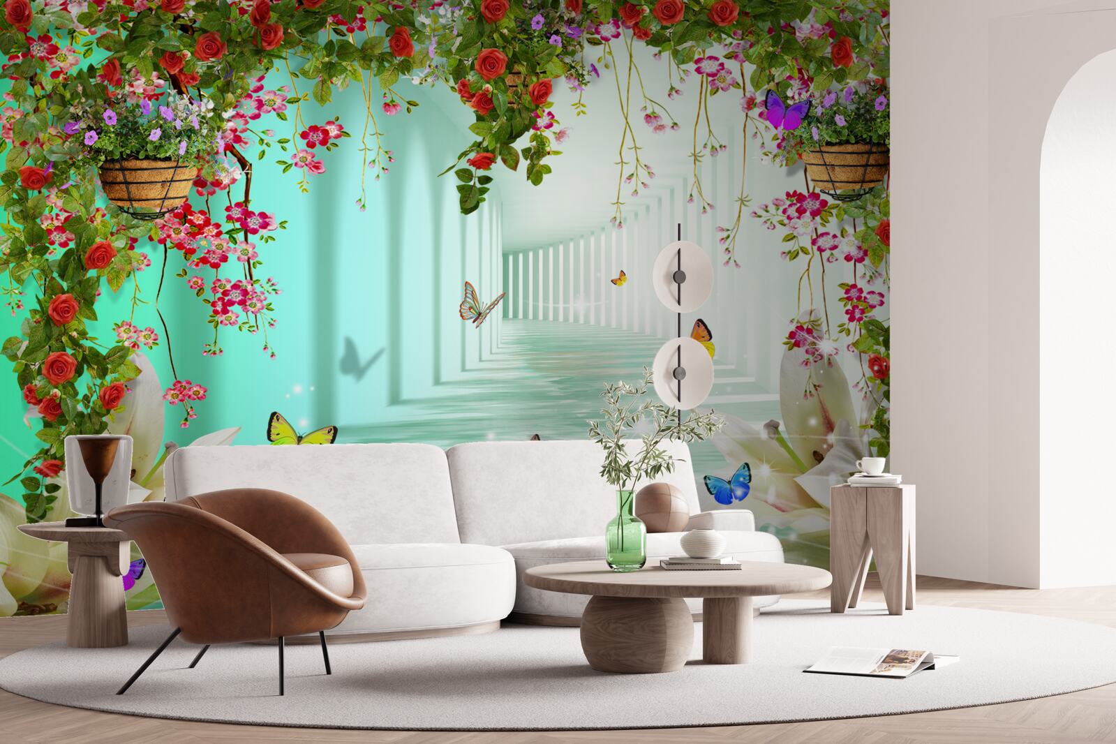 Фотошпалери метелики та весняні квіти в тунелі