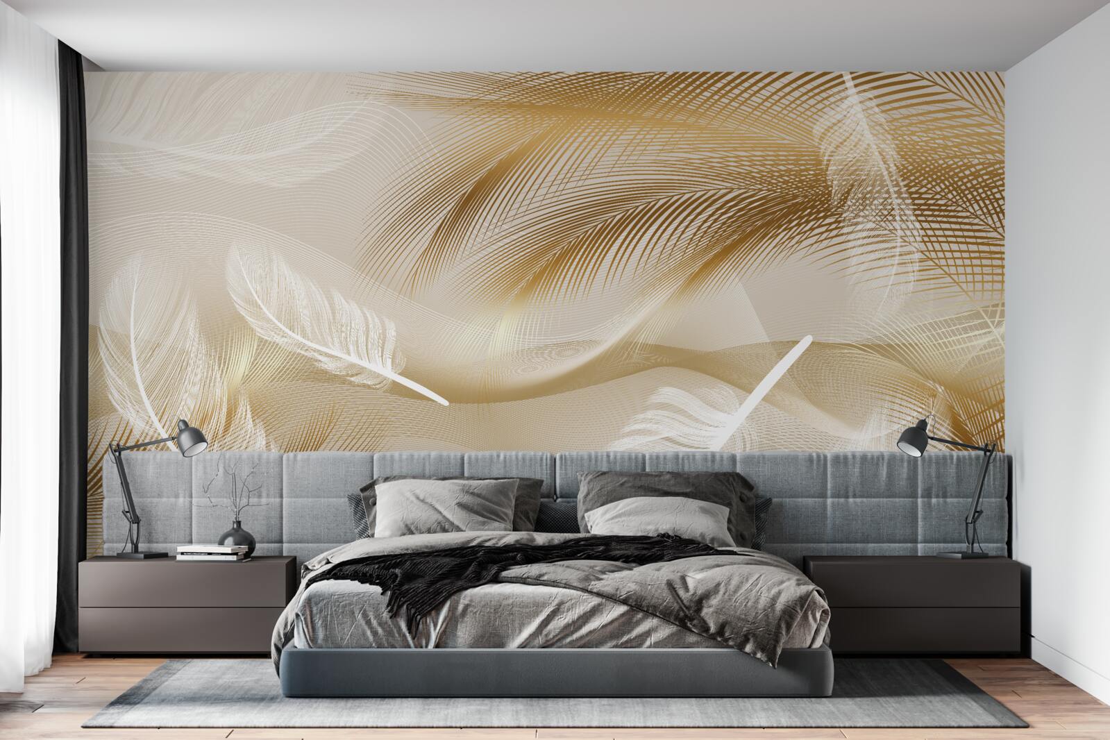 Фотошпалери абстракція з пір'я в бежевих кольорах