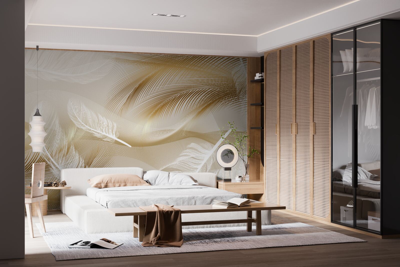 Фотошпалери абстракція з пір'я в бежевих кольорах