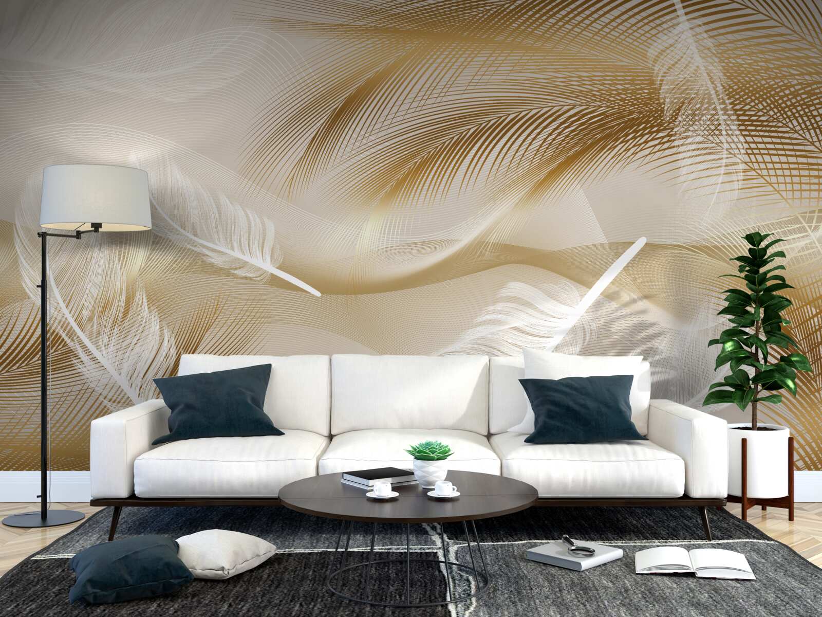 Фотошпалери абстракція з пір'я в бежевих кольорах