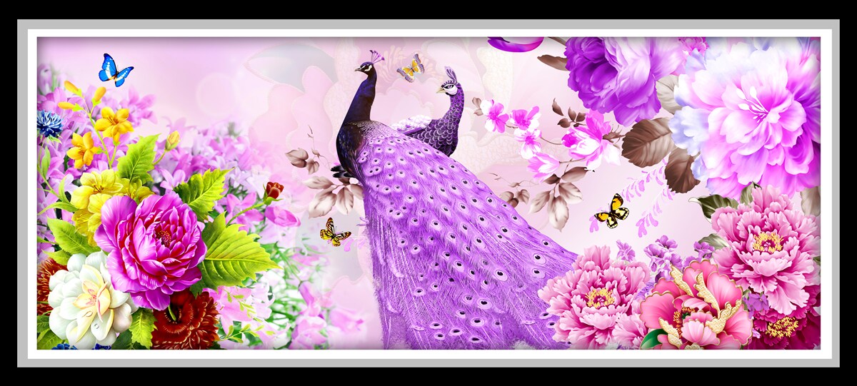 Фотошпалери серед квітів - два фіолетових павичі