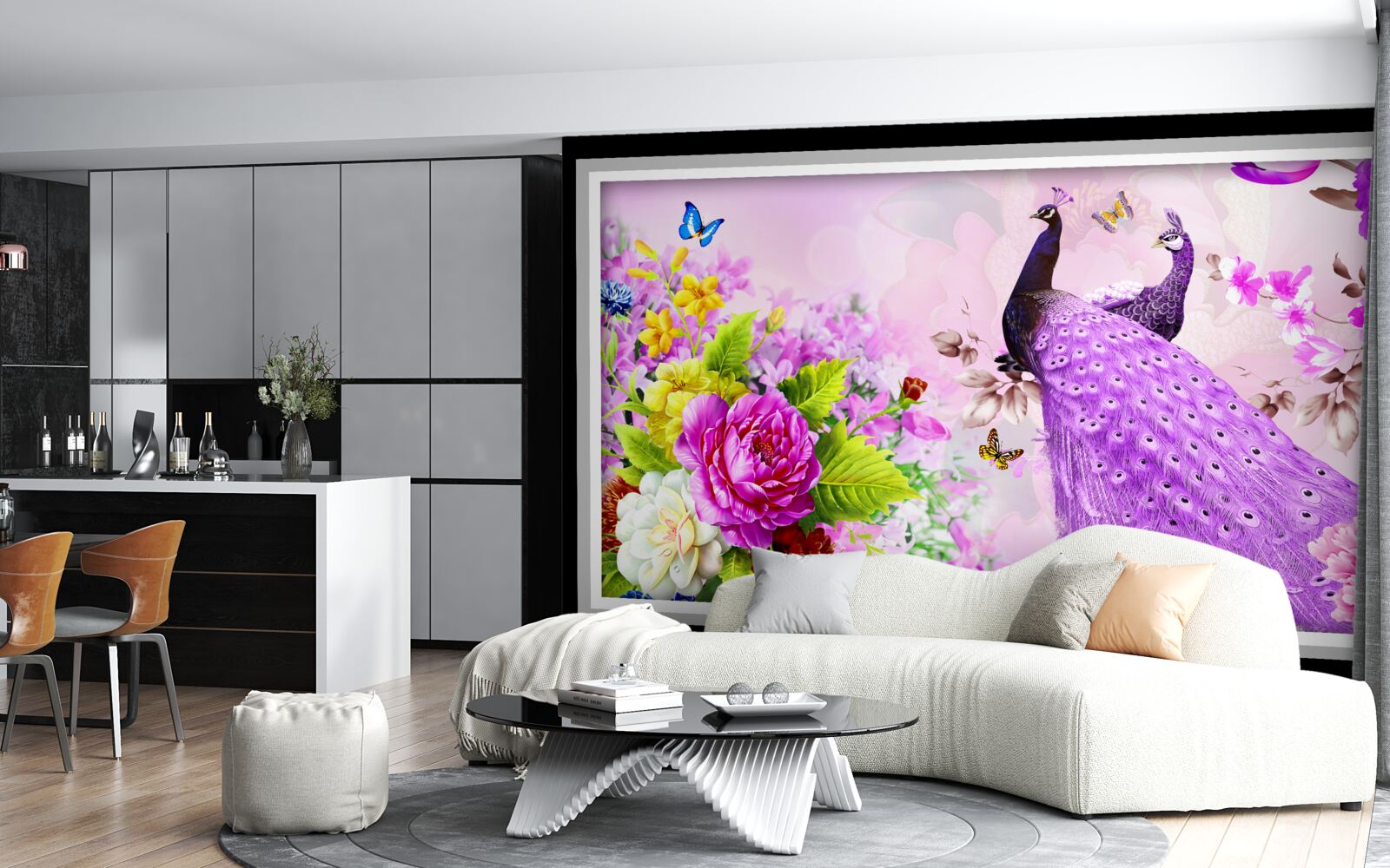 Фотошпалери серед квітів - два фіолетових павичі