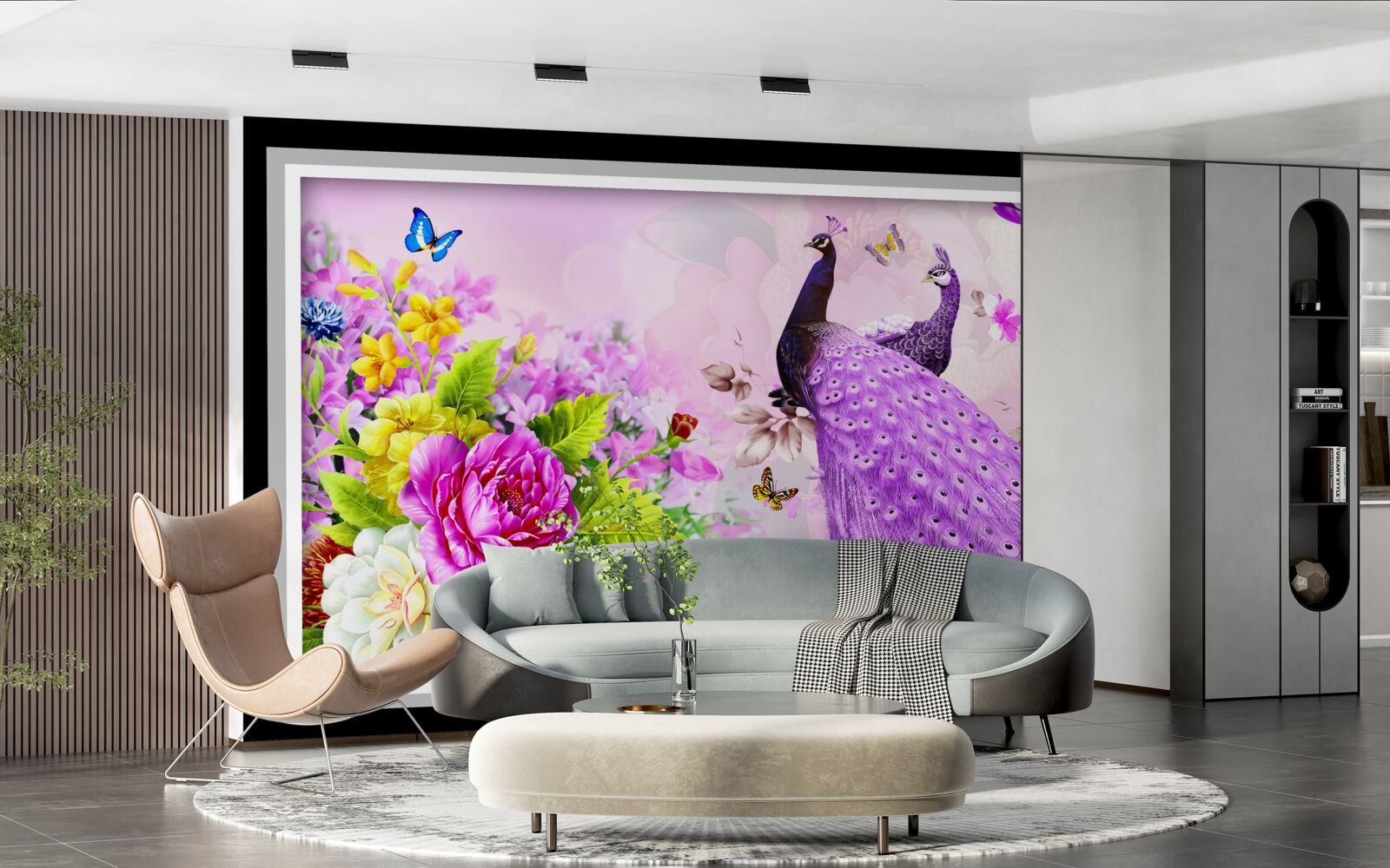 Фотошпалери серед квітів - два фіолетових павичі