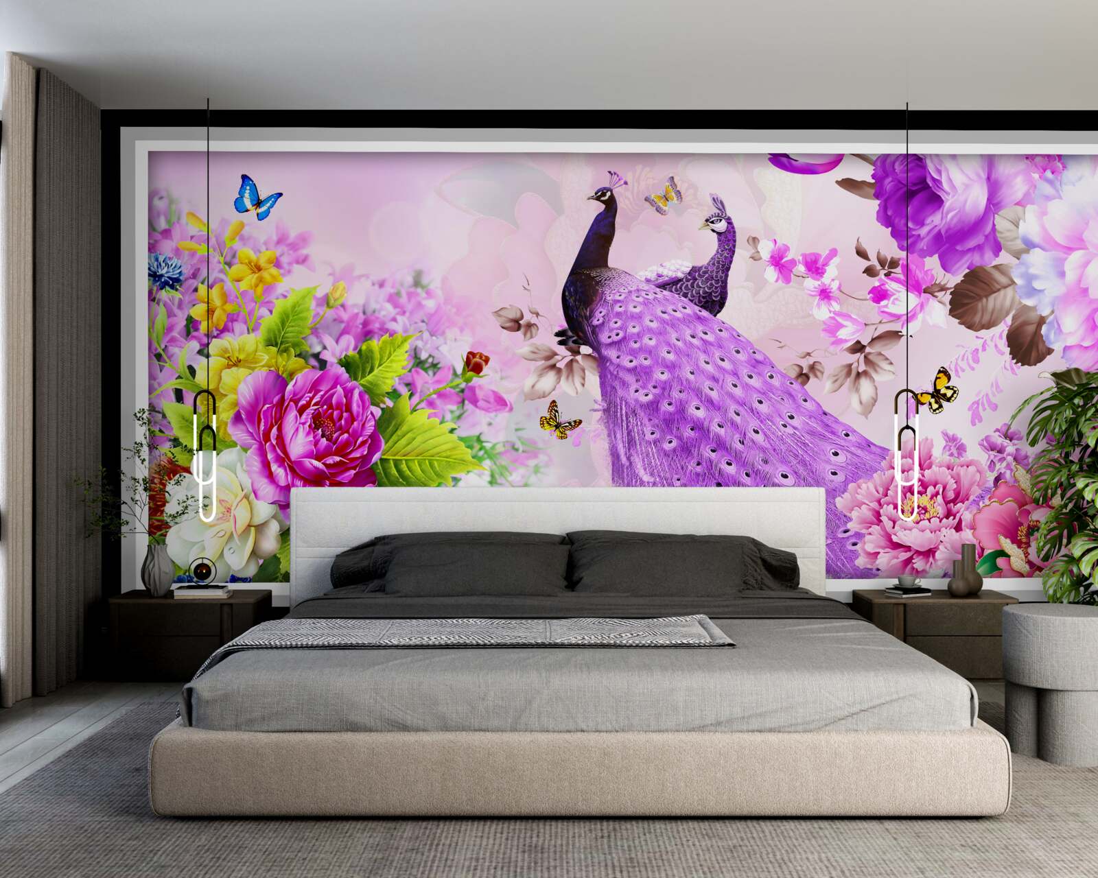 Фотошпалери серед квітів - два фіолетових павичі