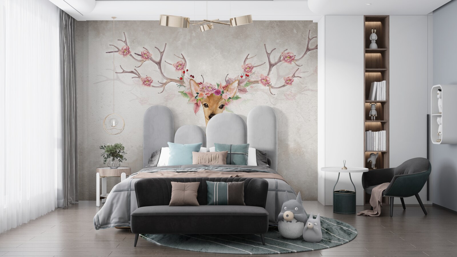 Фотошпалери на картині зображено оленя з квітковим орнаментом на рогах