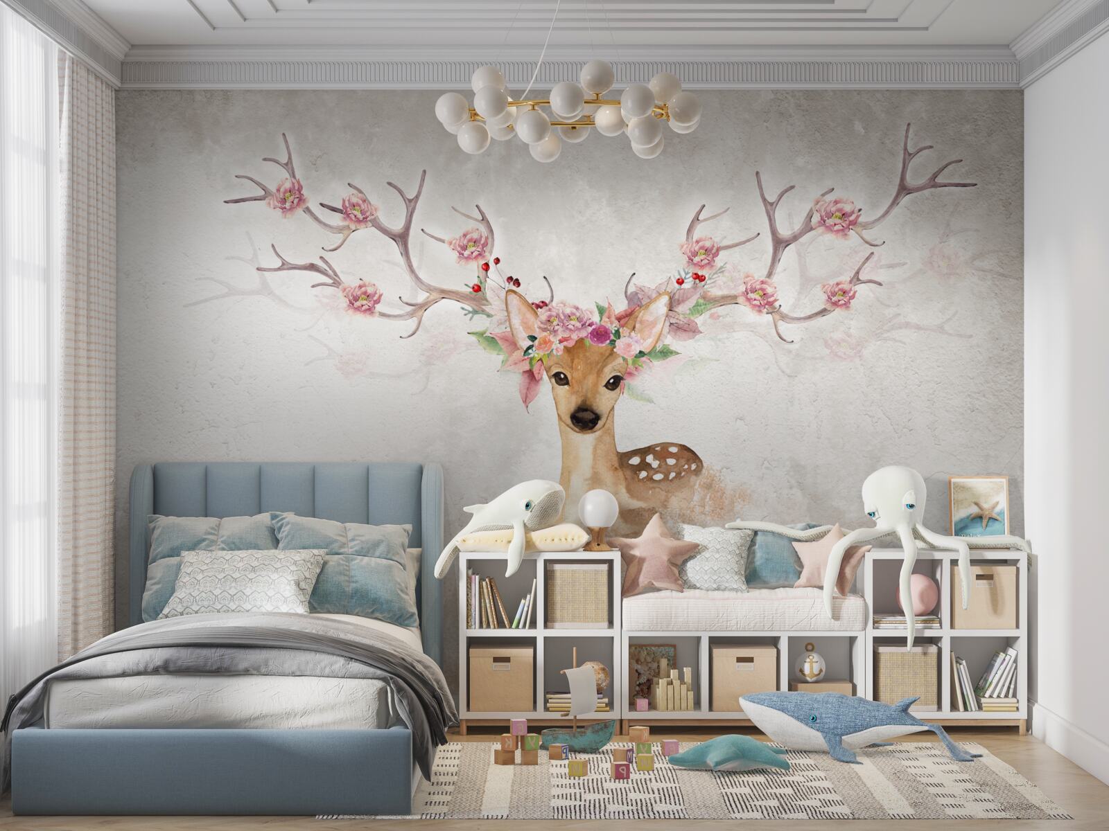 Фотошпалери на картині зображено оленя з квітковим орнаментом на рогах