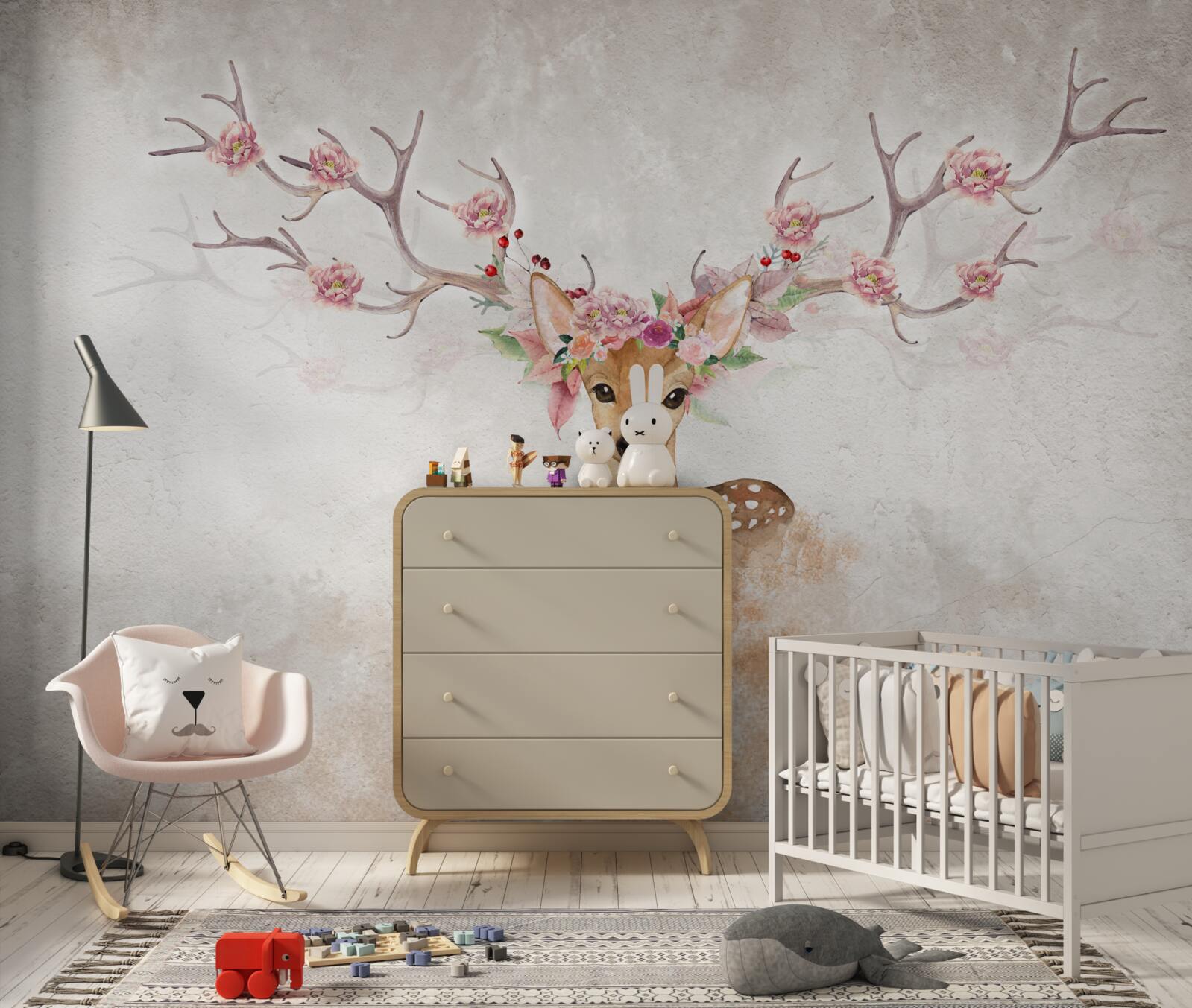 Фотошпалери на картині зображено оленя з квітковим орнаментом на рогах