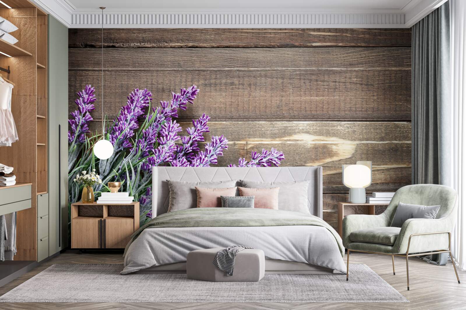 Фотошпалери гілки лаванди на задньому плані з деревом