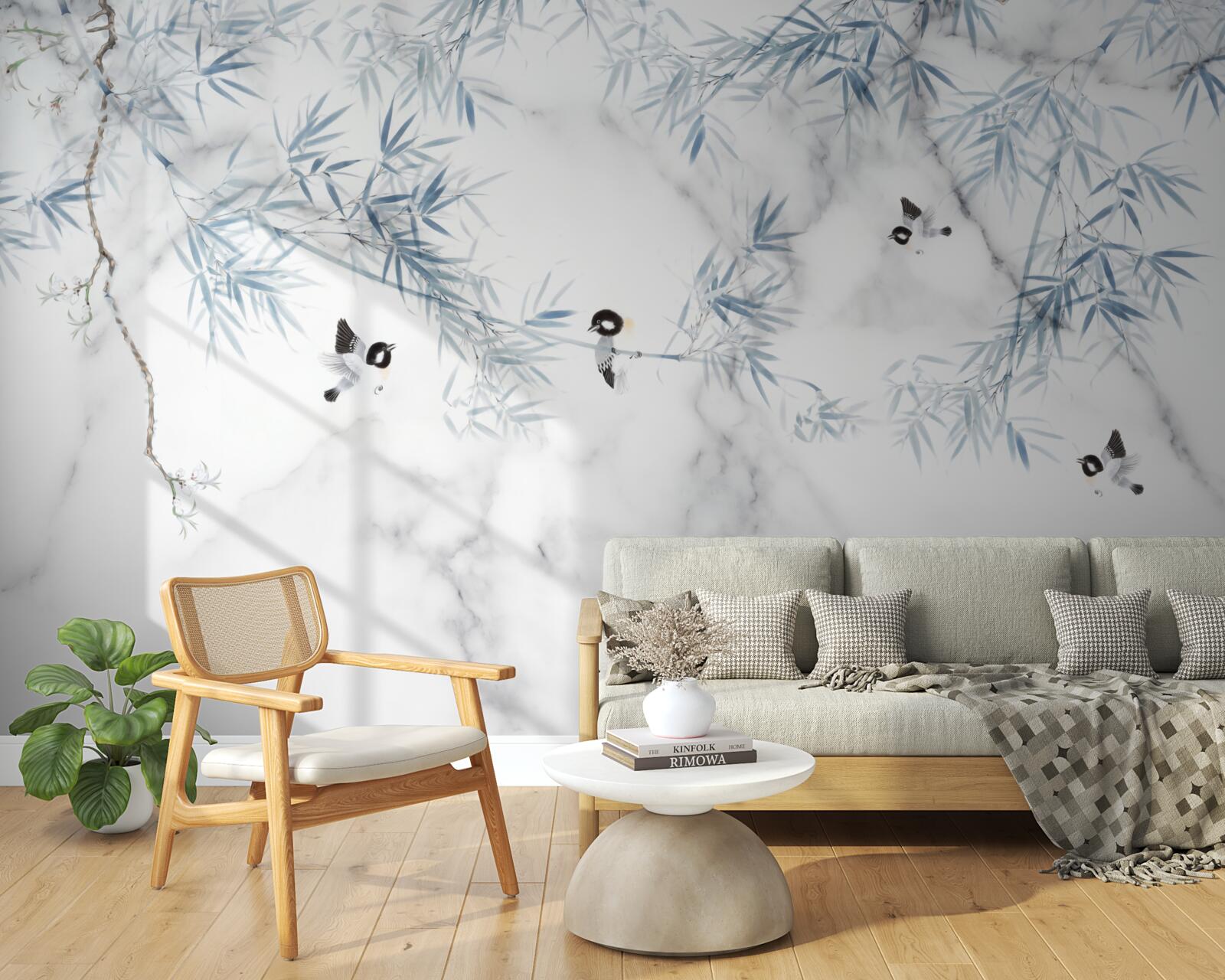 Фотошпалери мармур білосніжний, птахи розсипаються на гілках