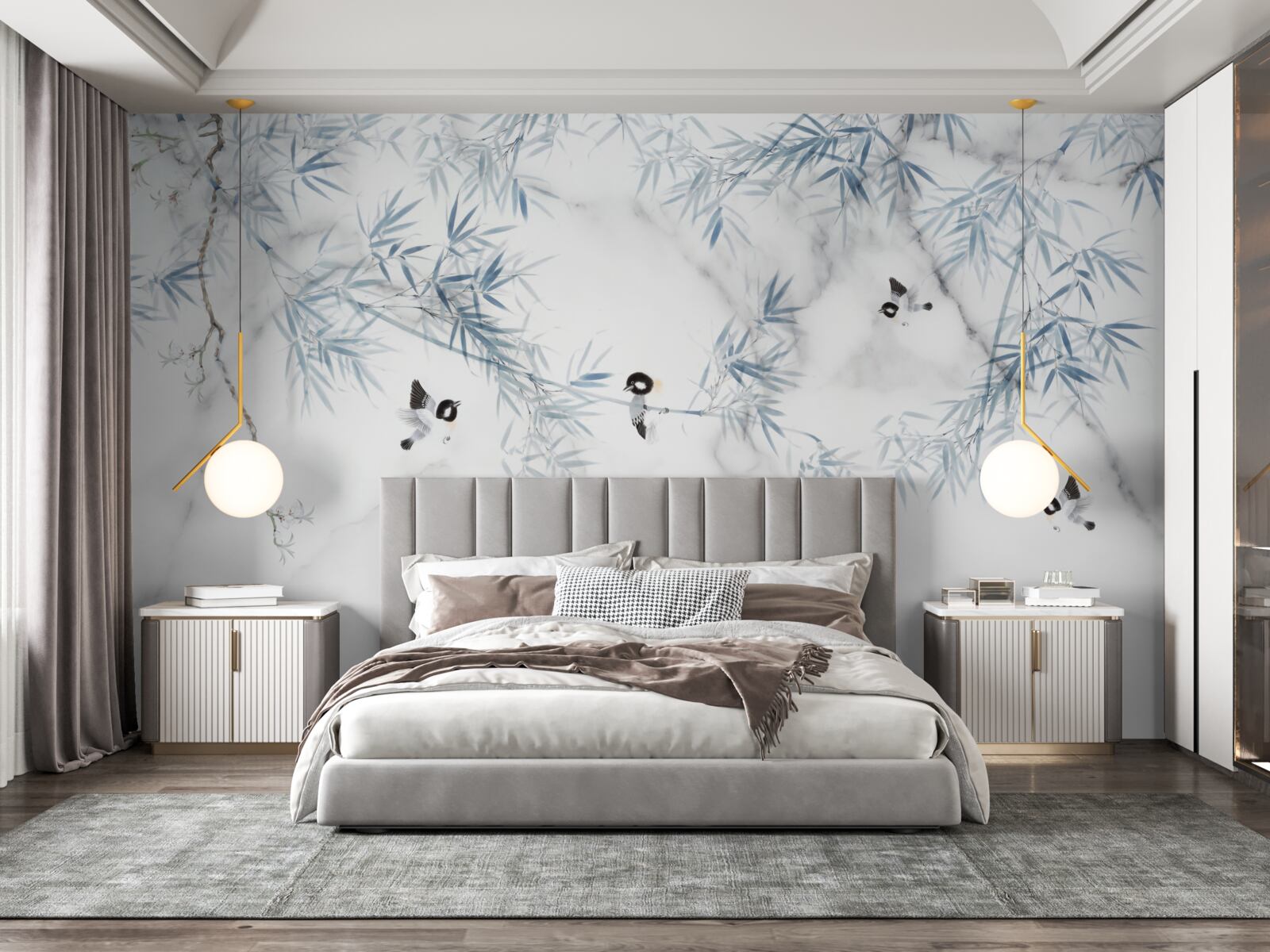 Фотошпалери мармур білосніжний, птахи розсипаються на гілках