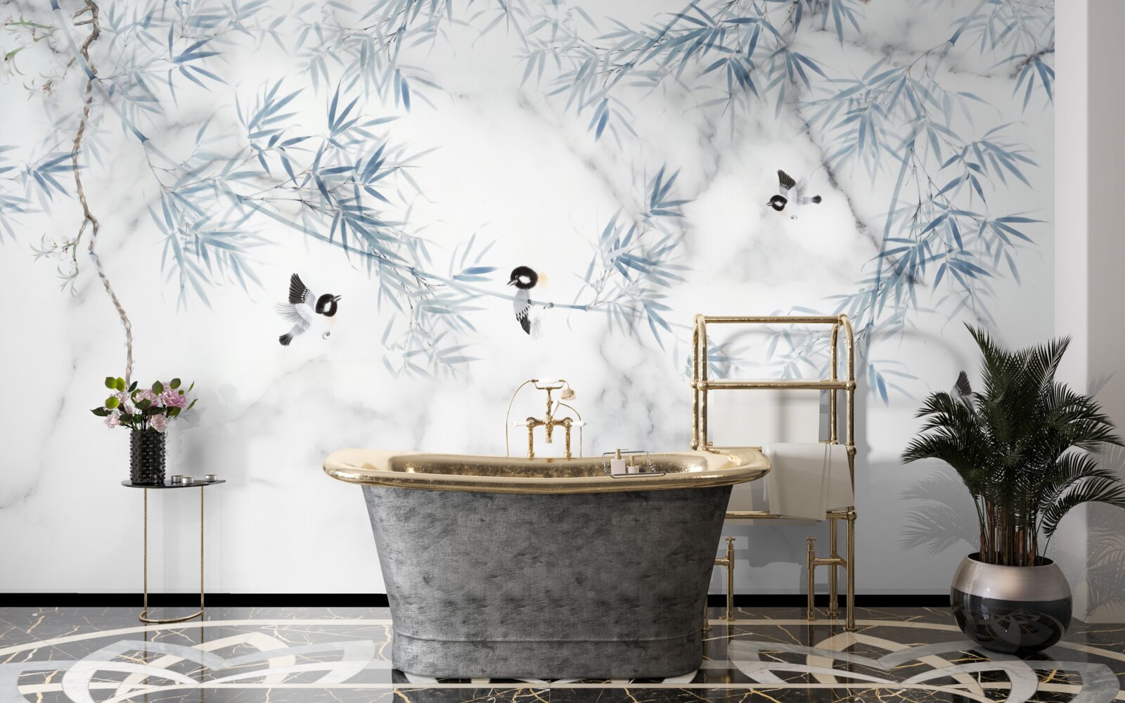 Фотошпалери мармур білосніжний, птахи розсипаються на гілках