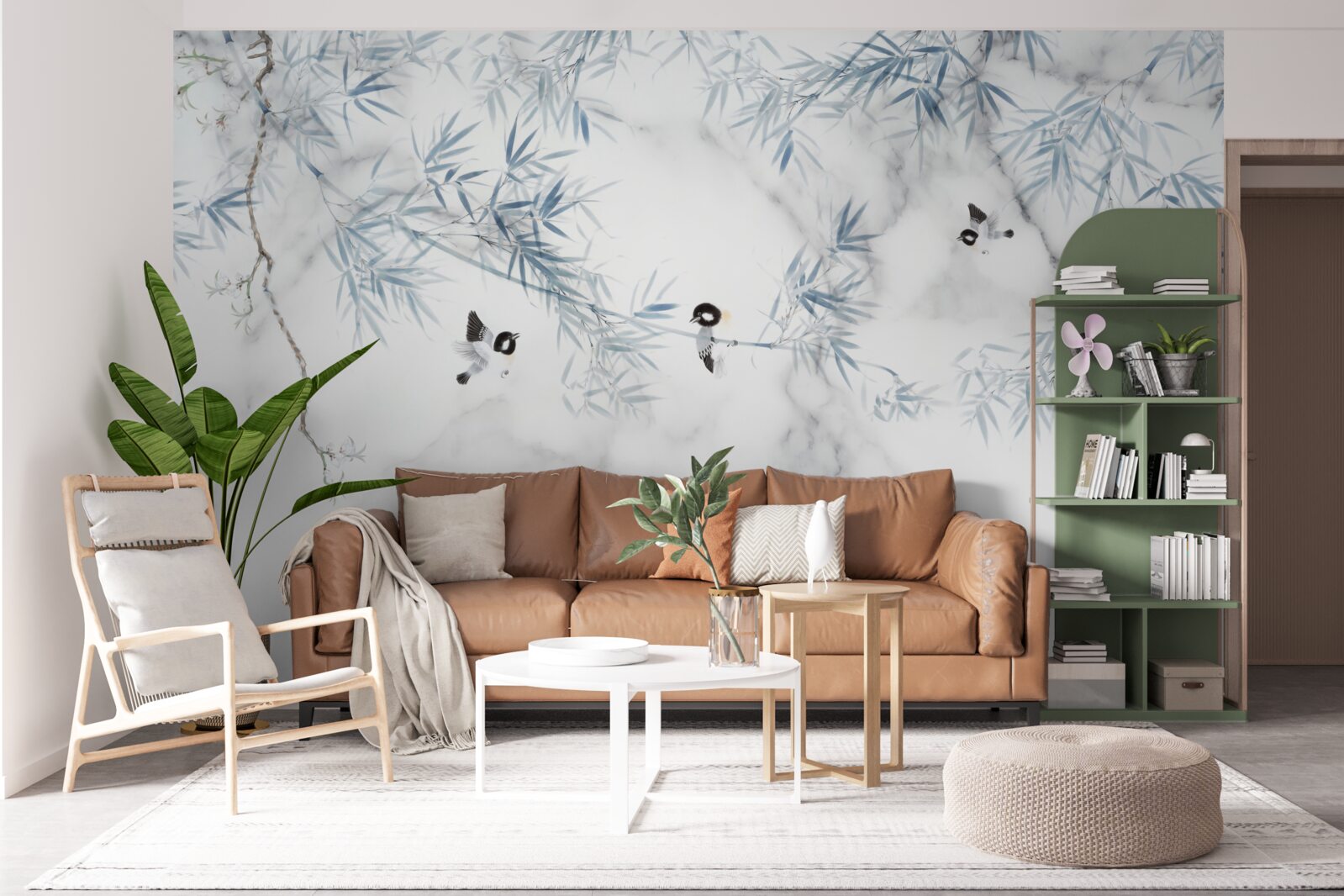 Фотошпалери мармур білосніжний, птахи розсипаються на гілках