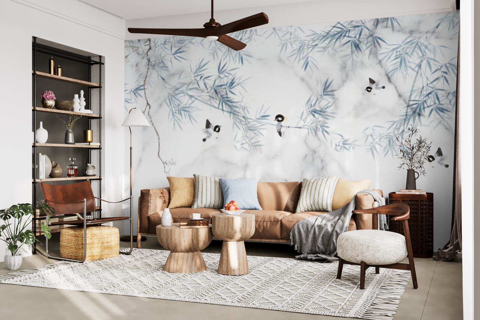 Фотошпалери мармур білосніжний, птахи розсипаються на гілках