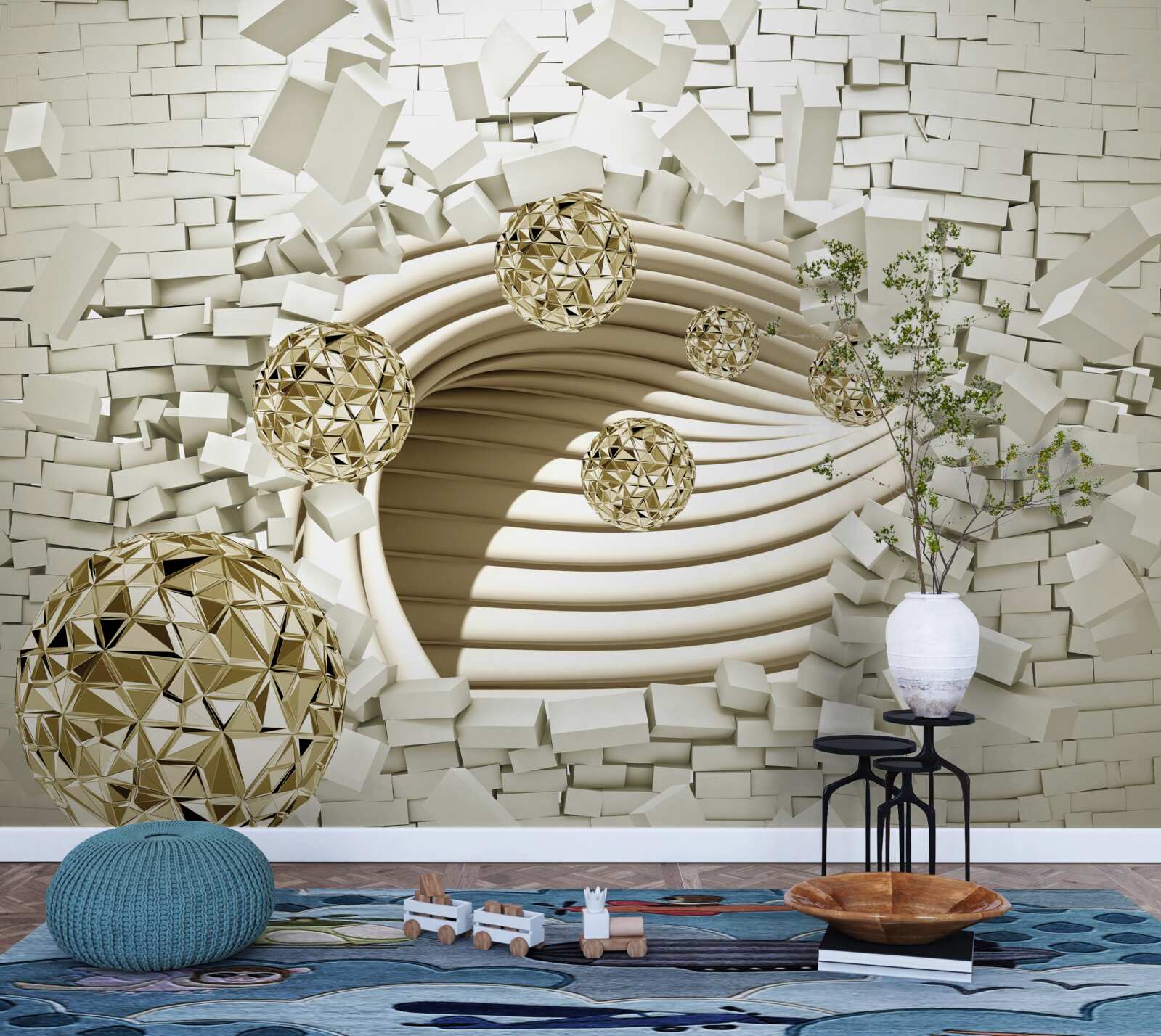 Фотошпалери концептуальні кулі розбивають цегляну стіну