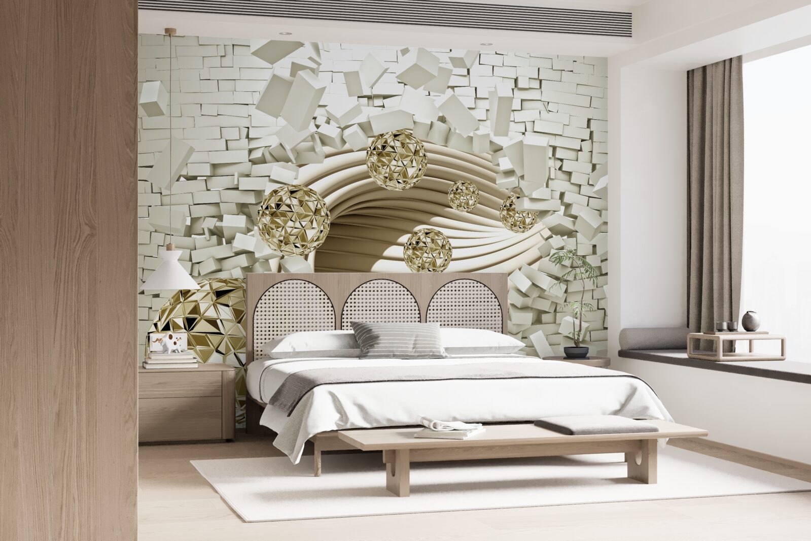 Фотошпалери концептуальні кулі розбивають цегляну стіну