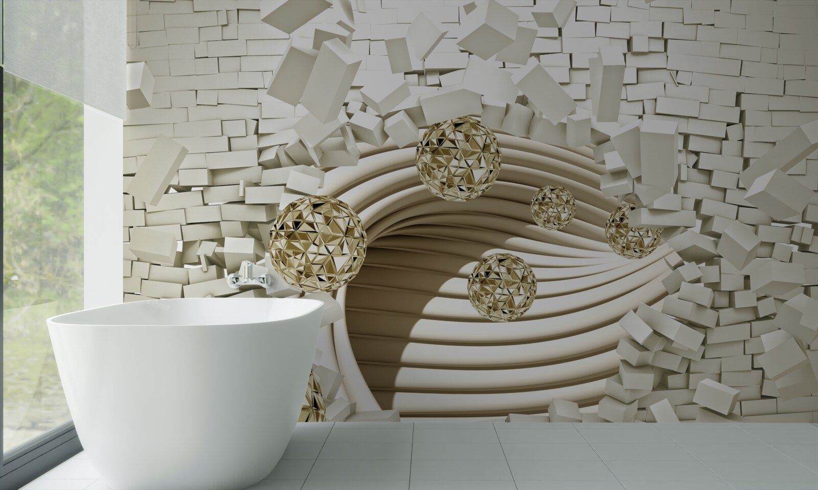 Фотошпалери концептуальні кулі розбивають цегляну стіну