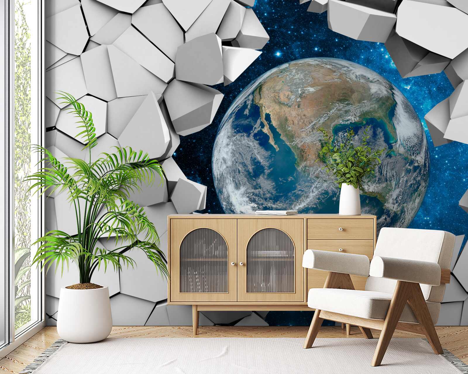 Фотошпалери вид на ділянку крізь розбиту стіну