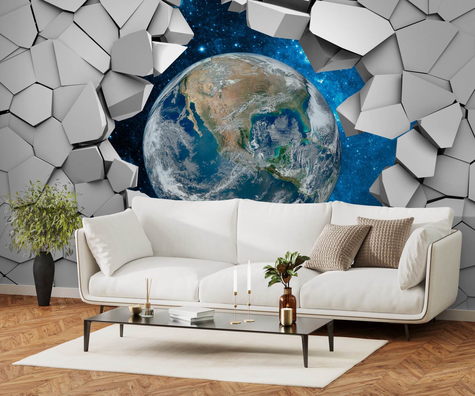 Фотошпалери вид на ділянку крізь розбиту стіну