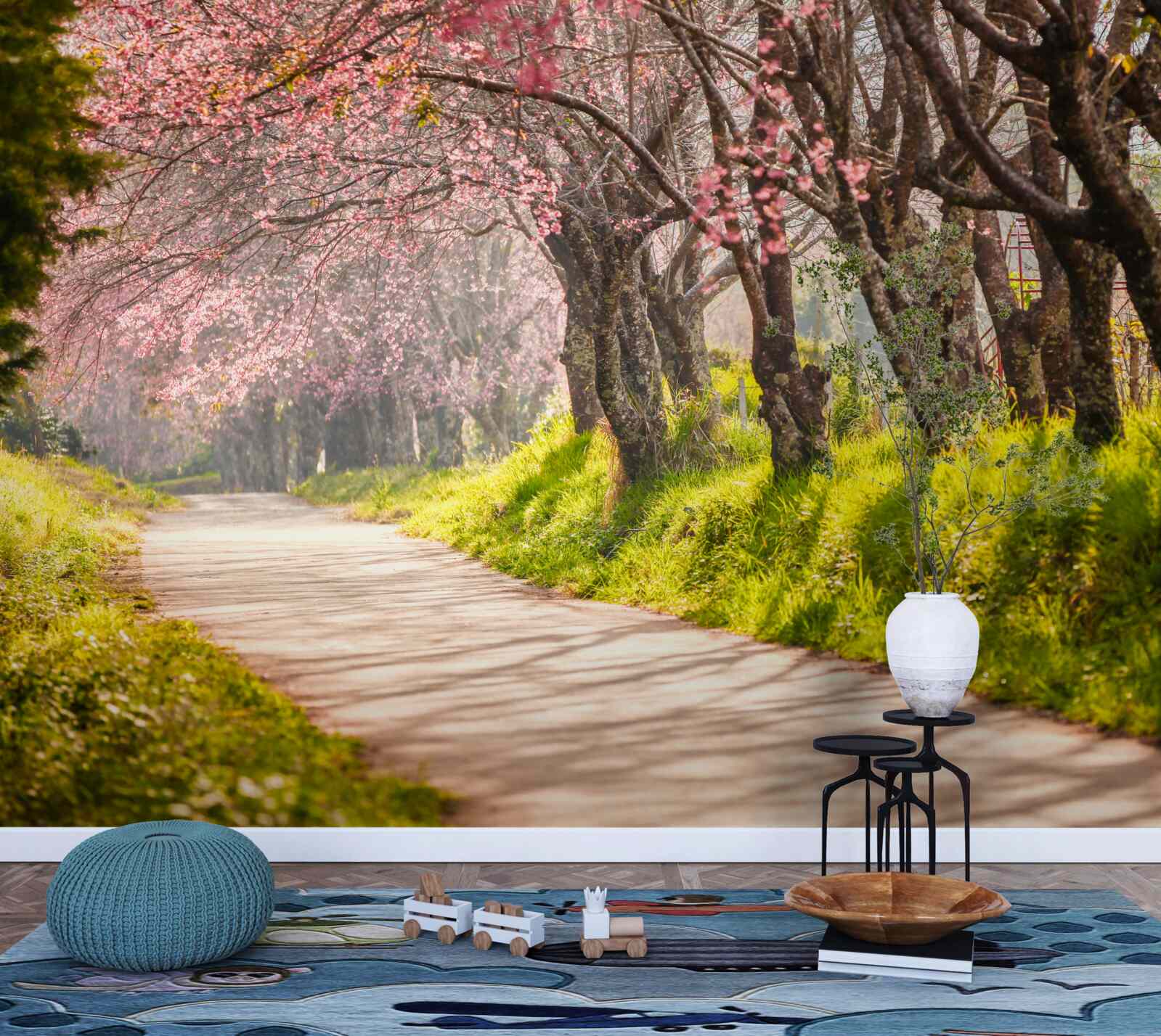 Фотошпалери квітучі дерева вздовж тихого шосе