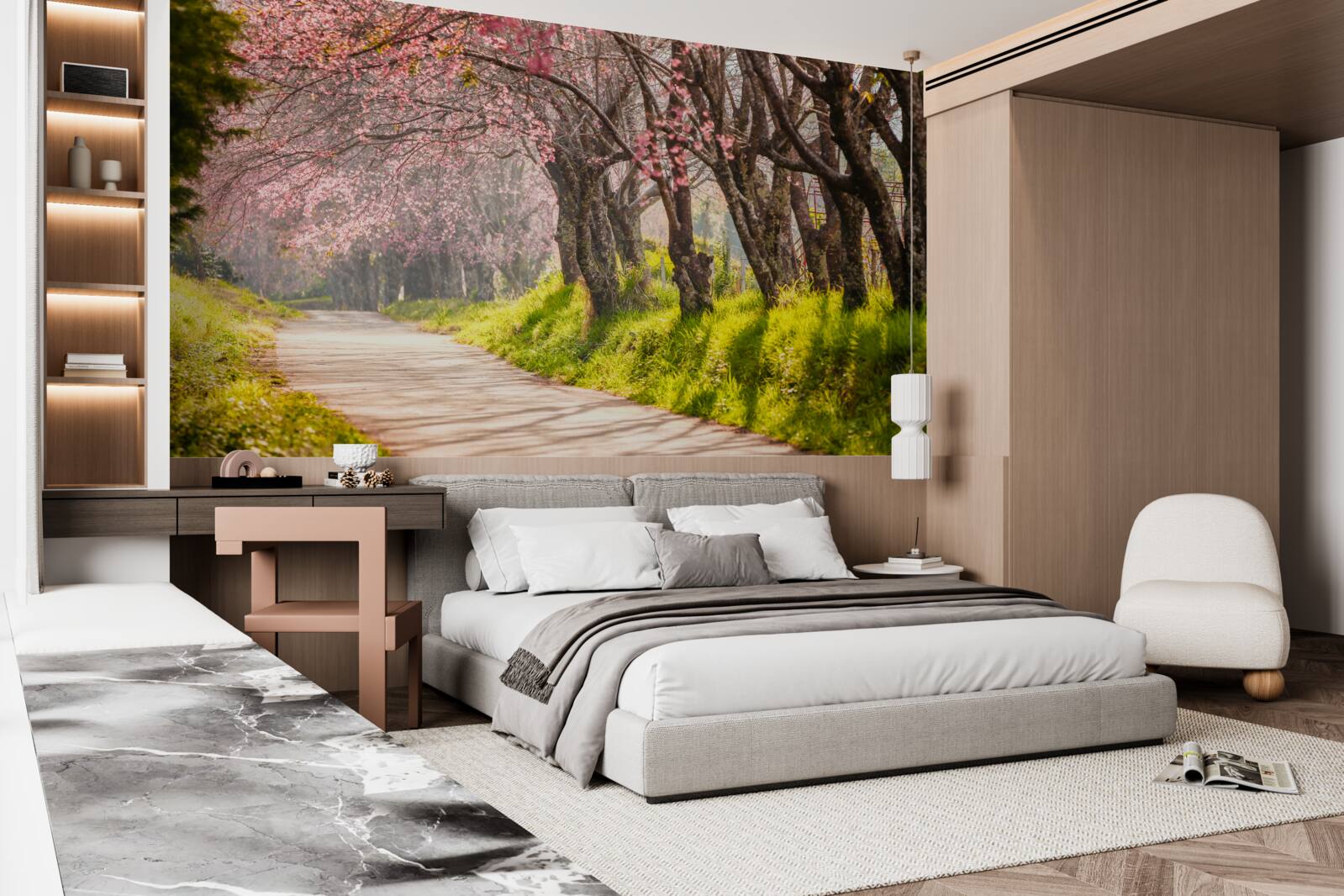 Фотошпалери квітучі дерева вздовж тихого шосе