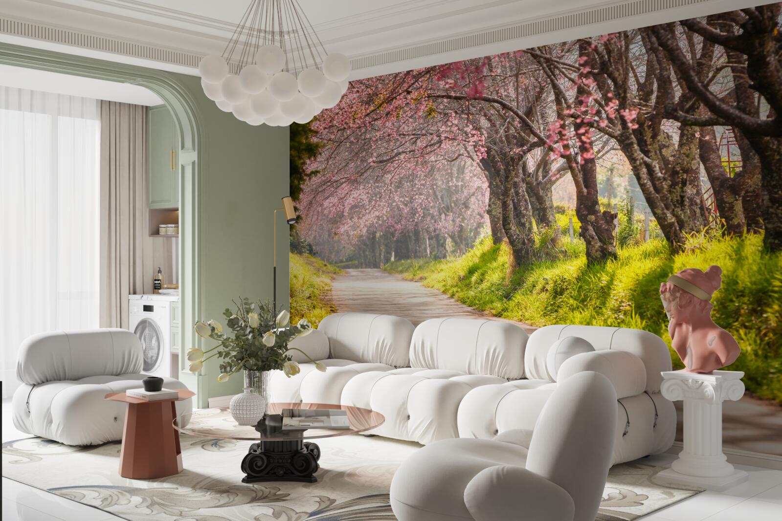 Фотошпалери квітучі дерева вздовж тихого шосе