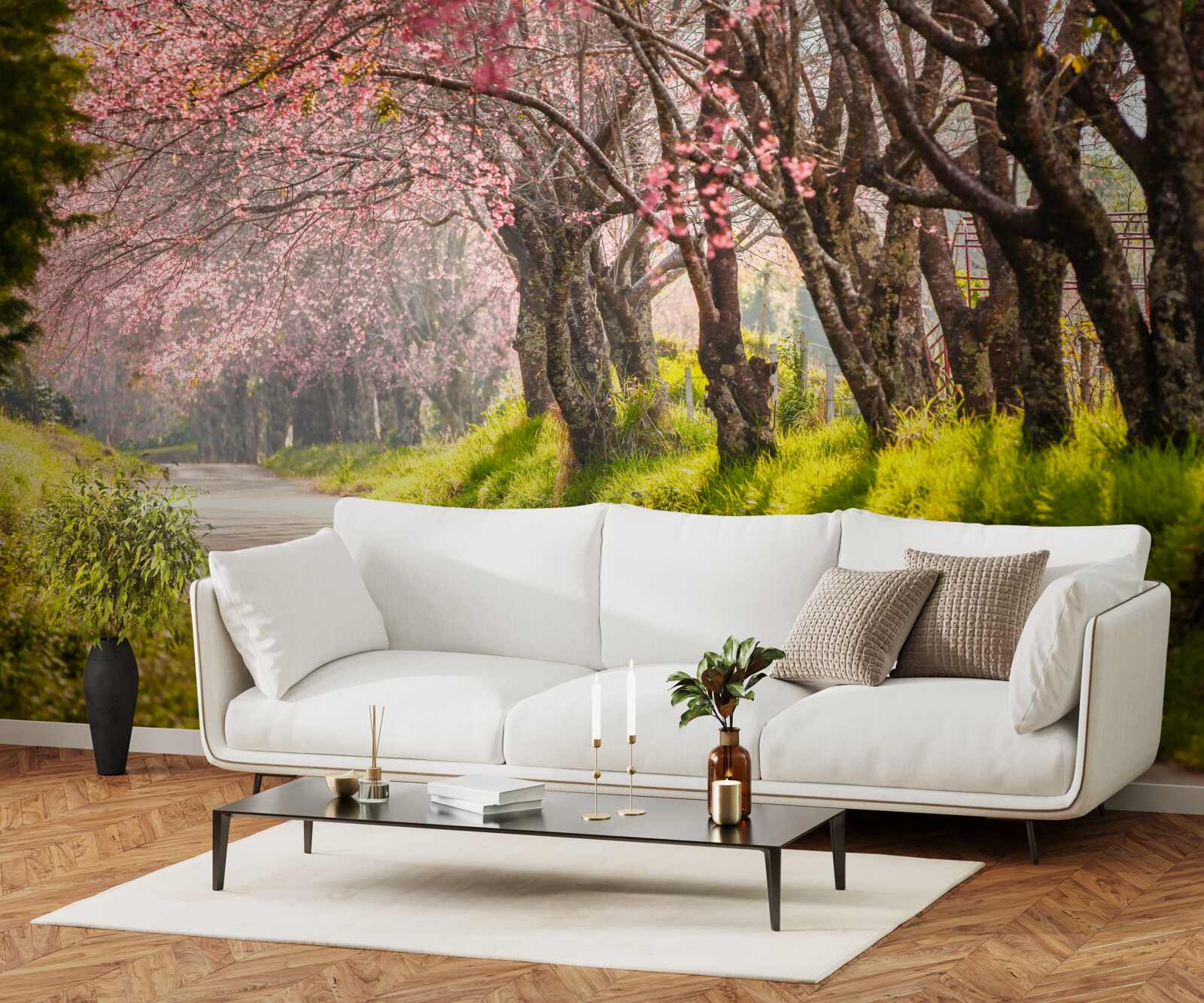 Фотошпалери квітучі дерева вздовж тихого шосе