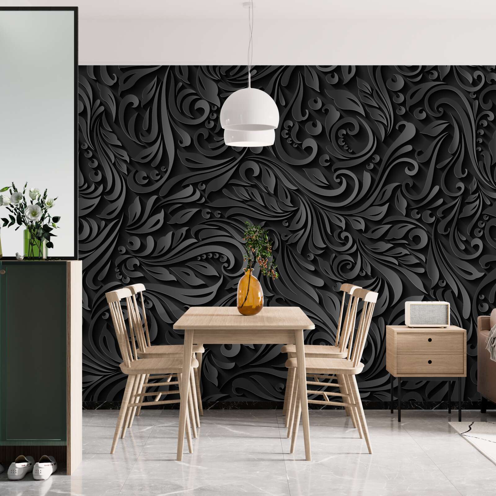 Фотошпалери листя з чорними візерунками