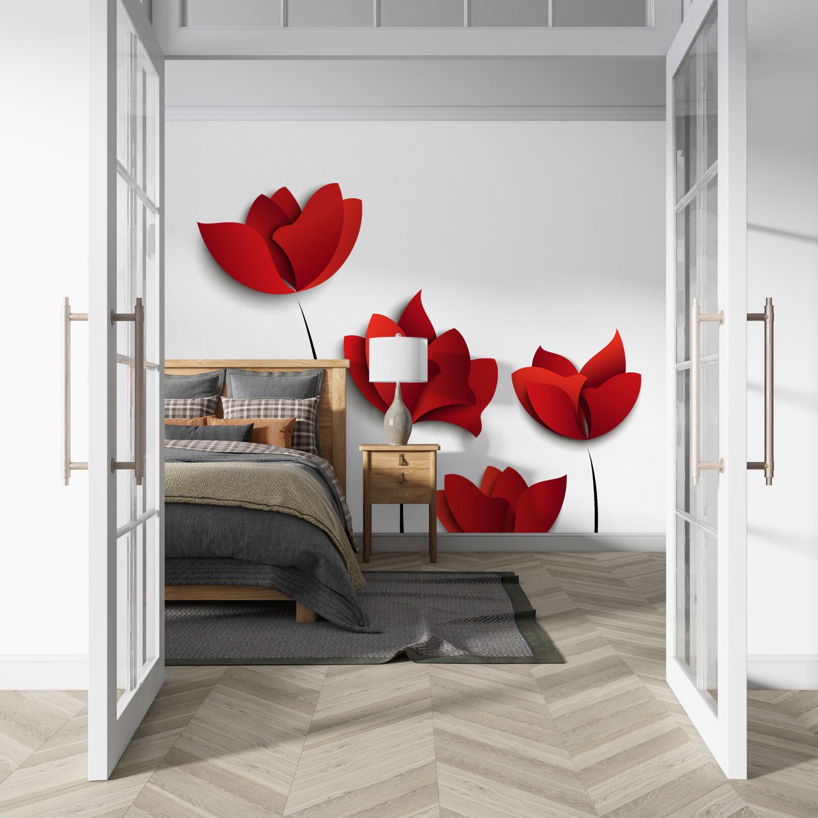 Фотошпалери квіти червоних тонів на тлі білої чистоти