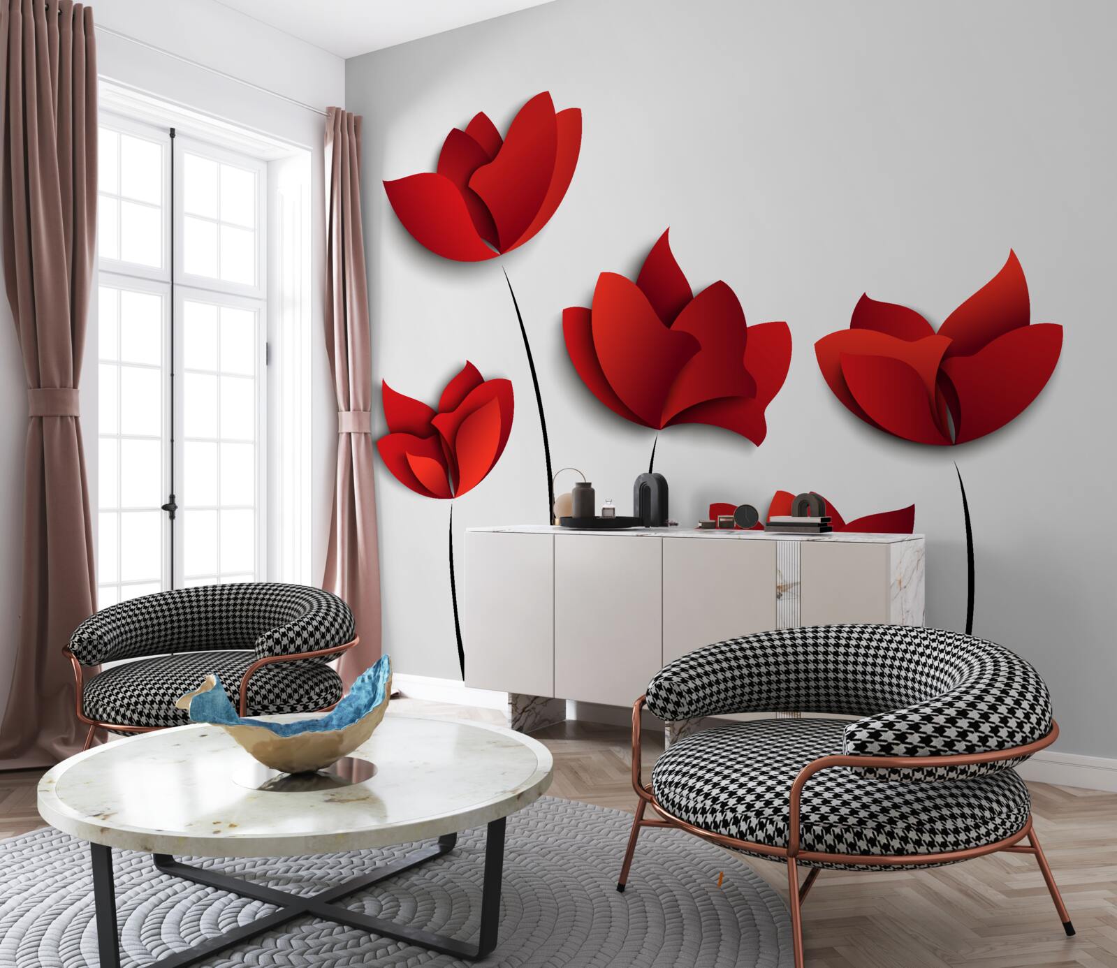 Фотошпалери квіти червоних тонів на тлі білої чистоти