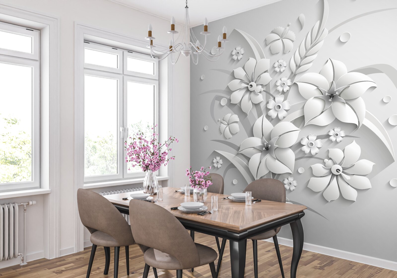 Фотошпалери білосніжні, як молоко, квіти на білому тлі