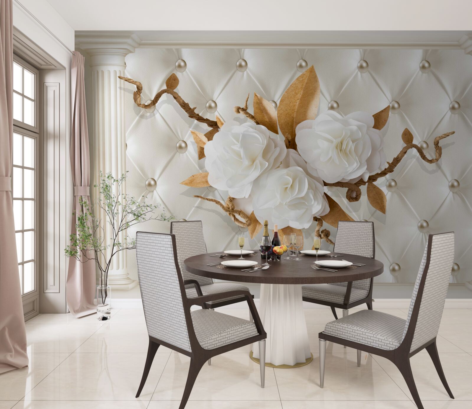 Фотошпалери золоті гілки та білосніжні квіти