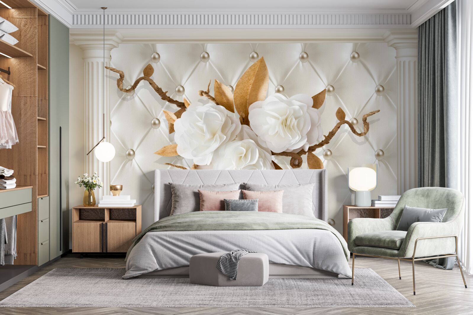 Фотошпалери золоті гілки та білосніжні квіти