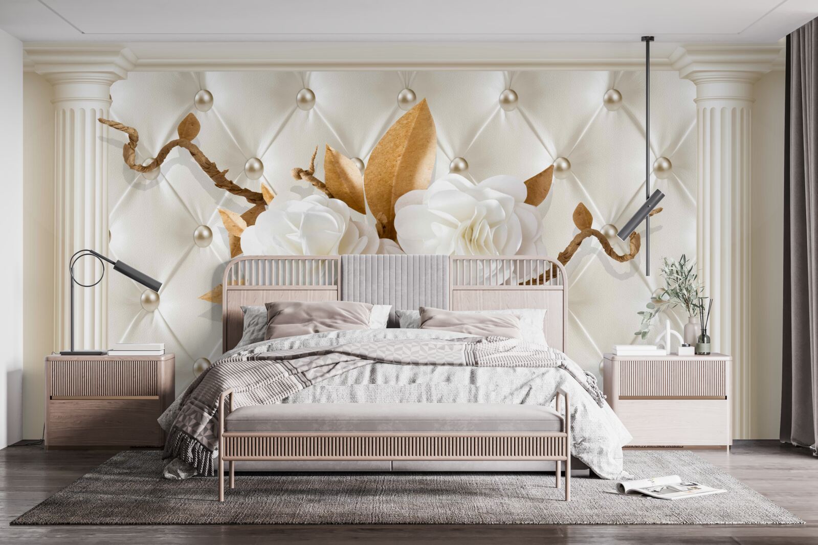 Фотошпалери золоті гілки та білосніжні квіти