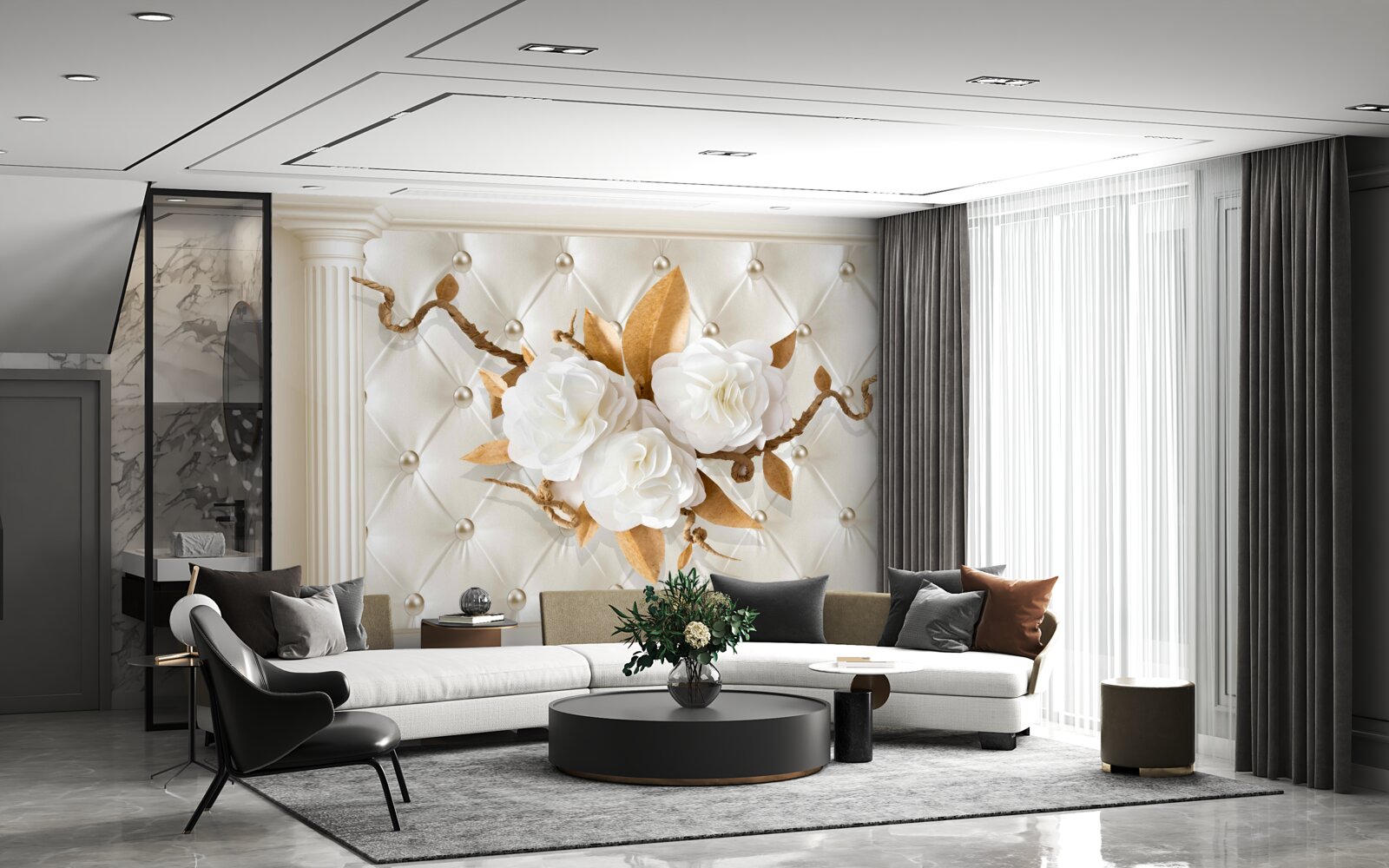 Фотошпалери золоті гілки та білосніжні квіти