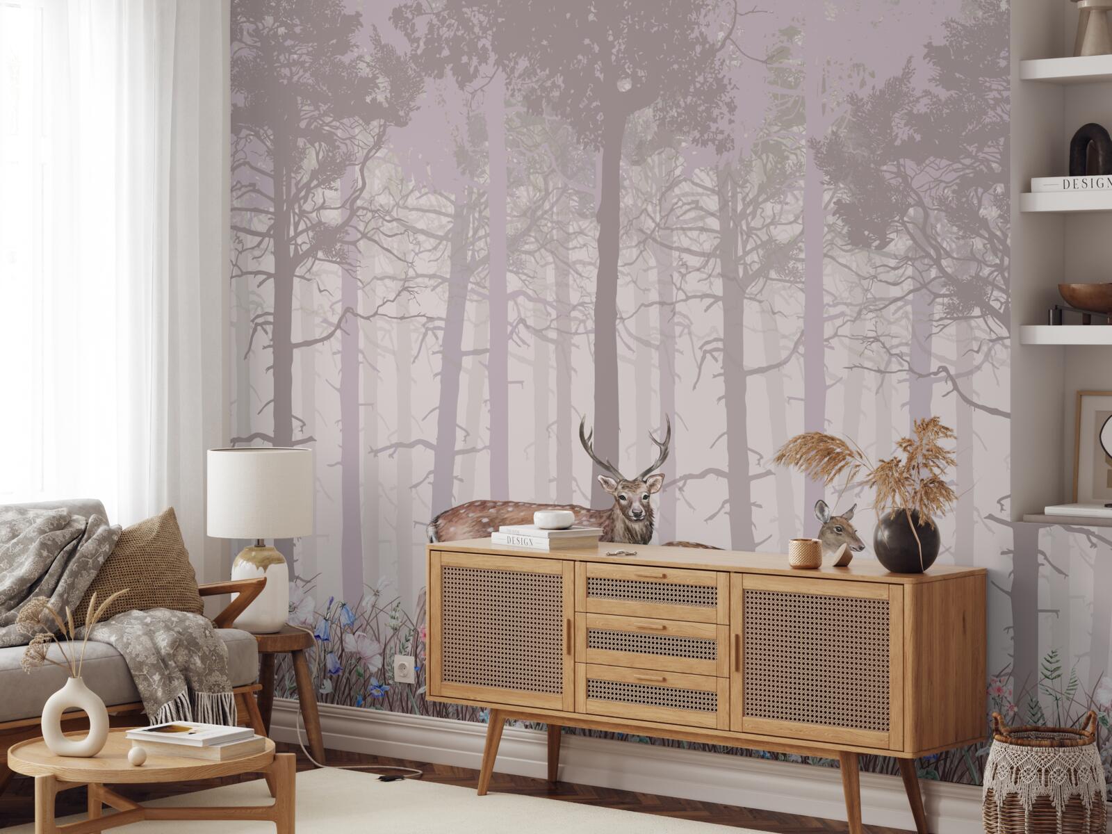 Фотошпалери група оленів у туманному сосновому лісі