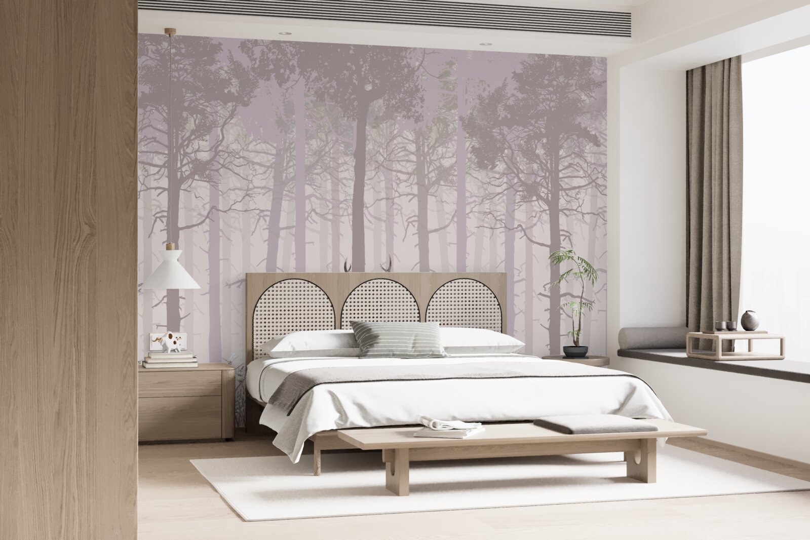 Фотошпалери група оленів у туманному сосновому лісі