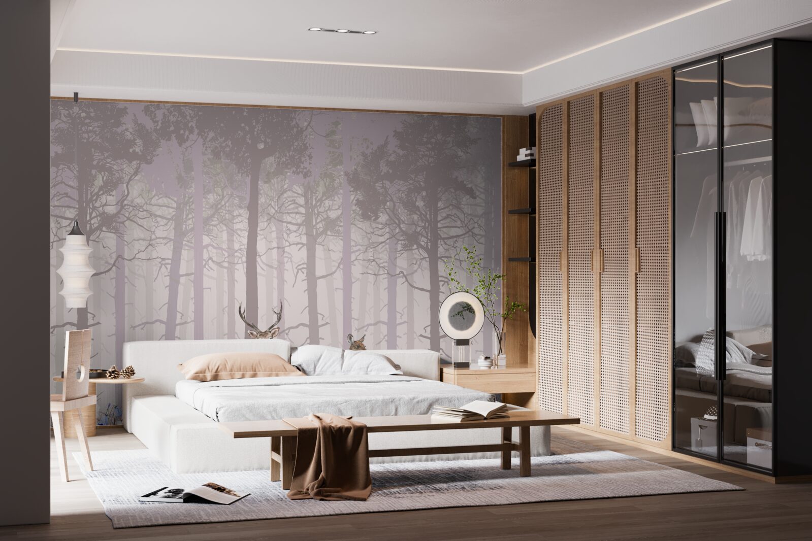 Фотошпалери група оленів у туманному сосновому лісі