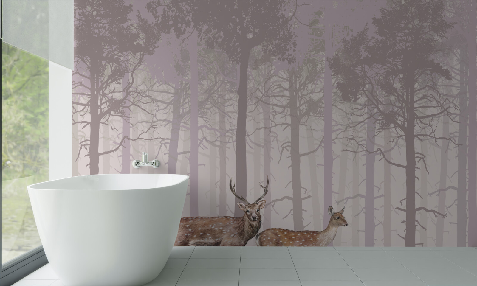 Фотошпалери група оленів у туманному сосновому лісі