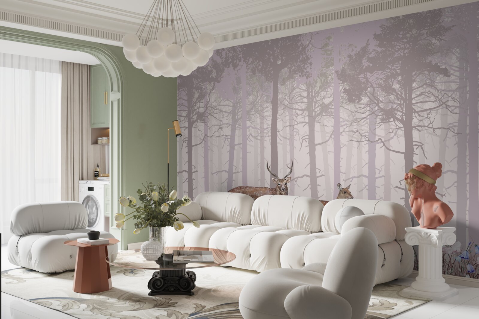 Фотошпалери група оленів у туманному сосновому лісі