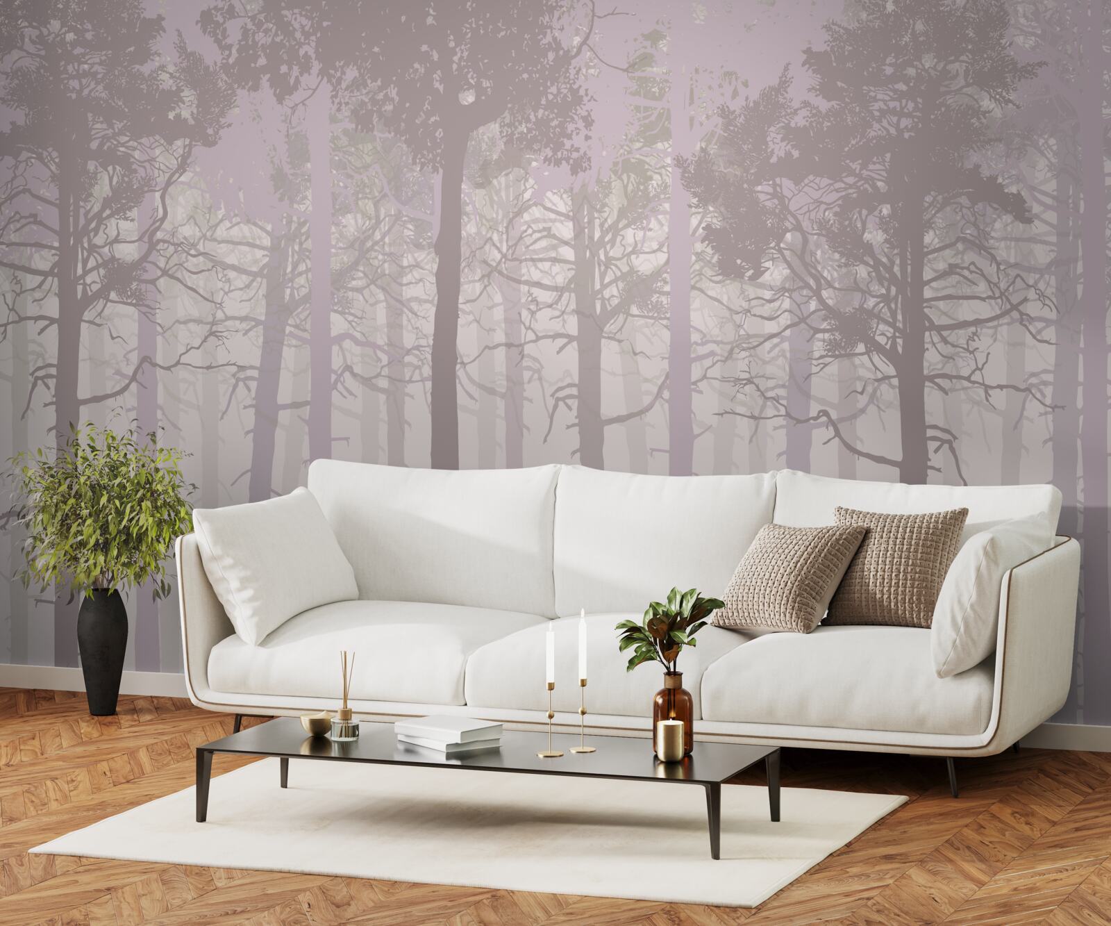 Фотошпалери група оленів у туманному сосновому лісі